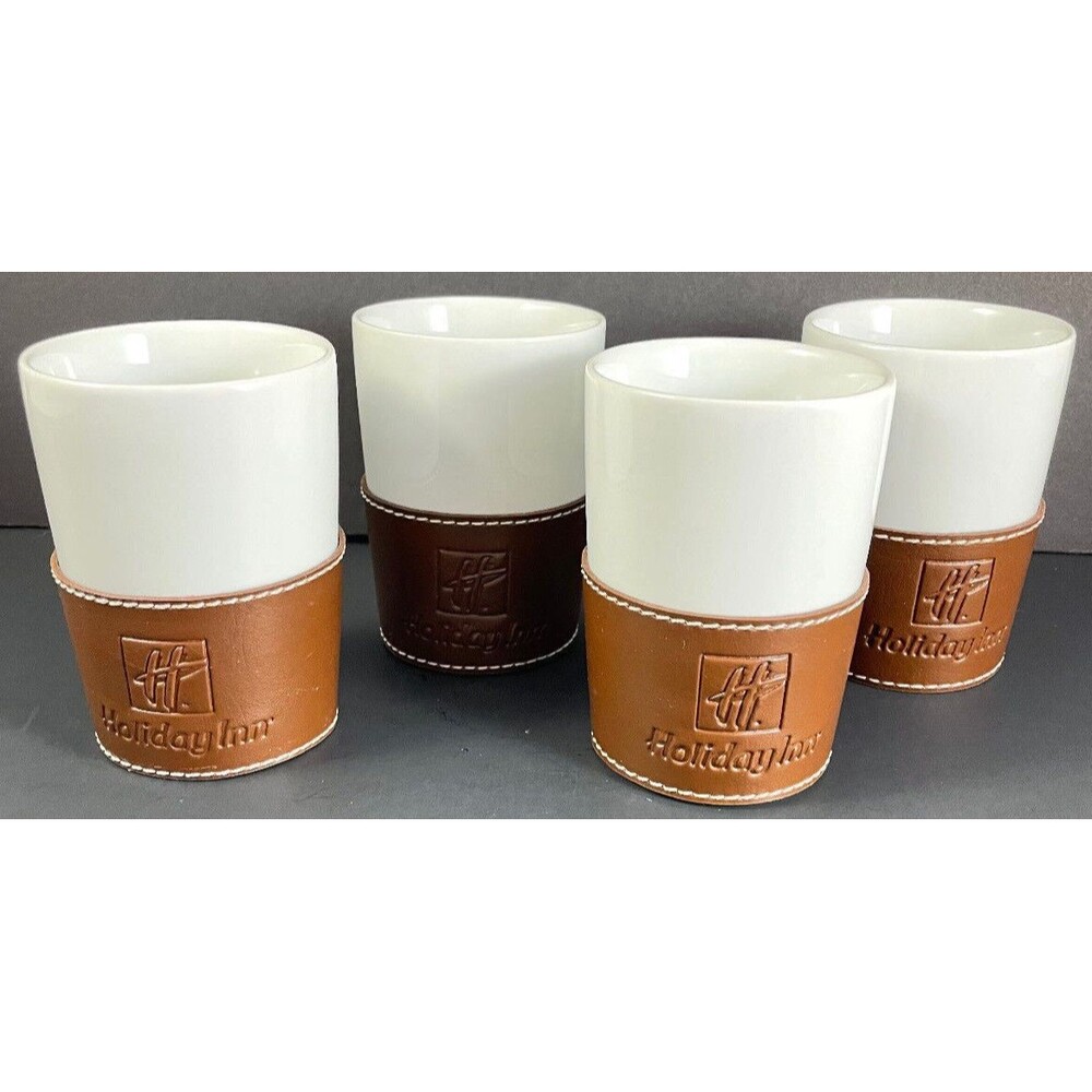 Holiday Inn Cup Set of 4 Faux Leather Embossed White Ceramic Hotel Travel 4"H